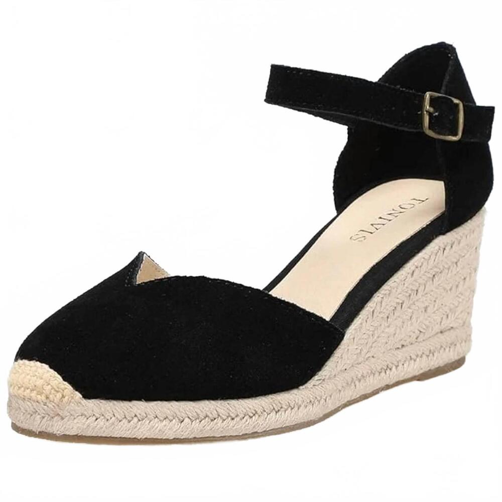 NEW TONIVIS women's wedge espadrille ankle strap sandals in black